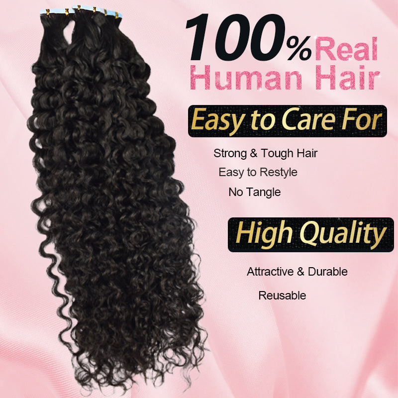 CVOHAIR Deep Curly Tape in Hair Extensions Human Hair Tape ins For Black Women Natural Black Real Hair Extensions