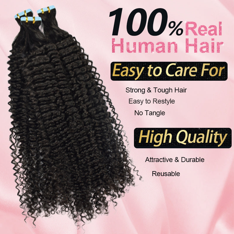 CVOHAIR Kinky Curly Tape in Hair Extensions Human Hair Natural Black Invisible Seamless Glue in Virgin Hair Extensions Tape ins