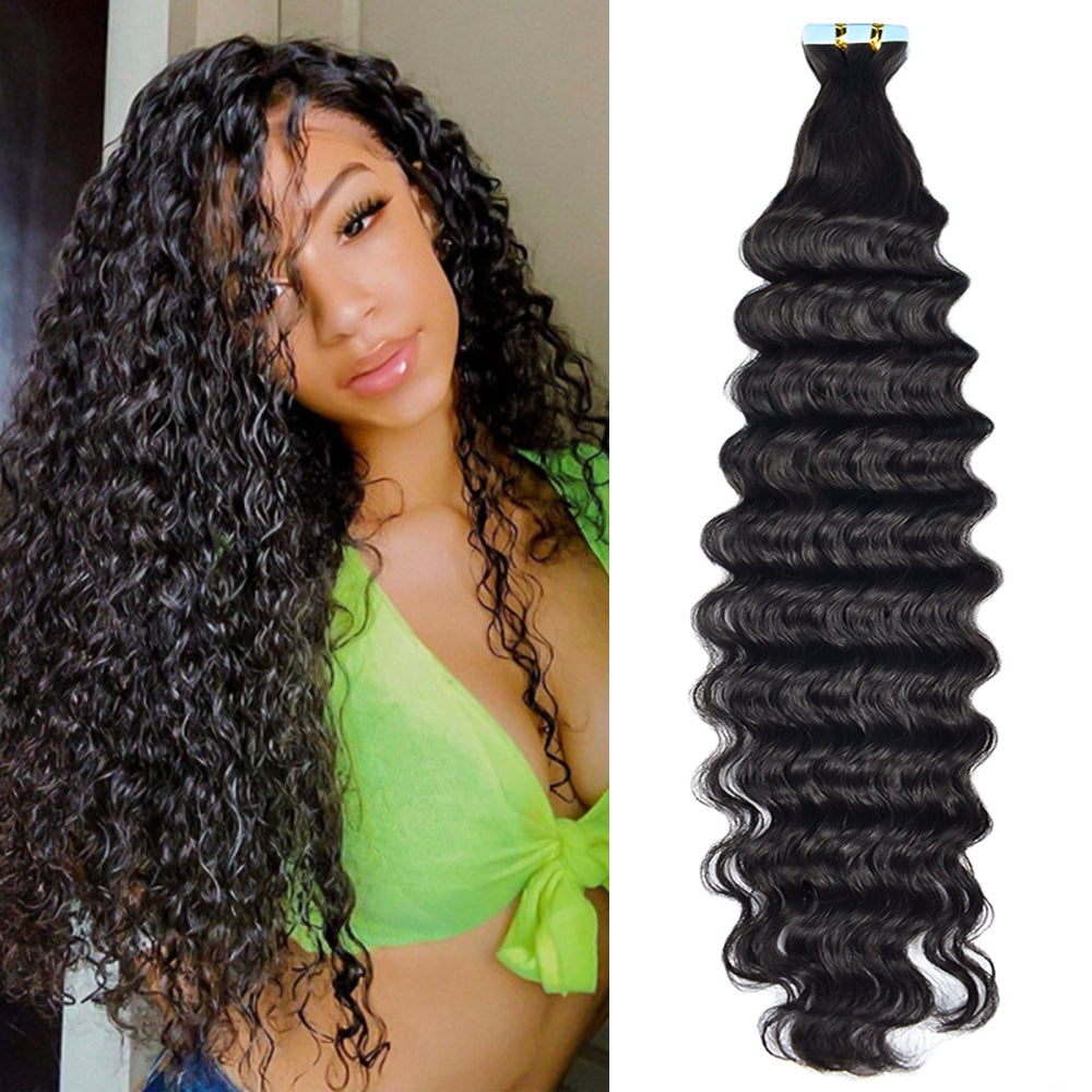 CVOHAIR Deep Wave Tape in Hair Extensions Human Hair Natural Black Seamless Invisible Curly Tape on Extensions