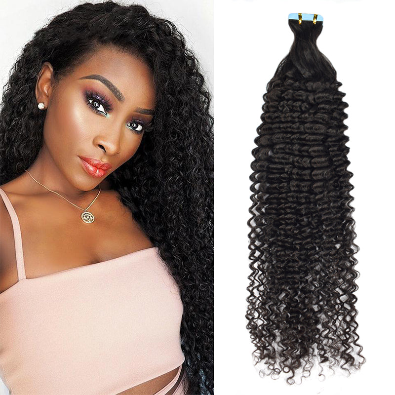CVOHAIR Kinky Curly Tape in Hair Extensions Human Hair Natural Black Invisible Seamless Glue in Virgin Hair Extensions Tape ins