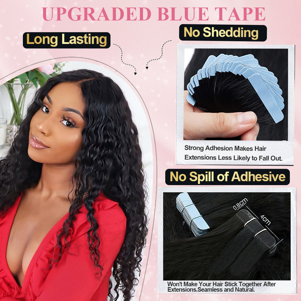 CVOHAIR Deep Wave Tape in Hair Extensions Human Hair Natural Black Seamless Invisible Curly Tape on Extensions