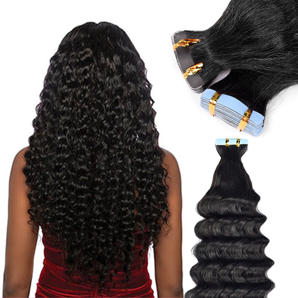 CVOHAIR Deep Wave Tape in Hair Extensions Human Hair Natural Black Seamless Invisible Curly Tape on Extensions