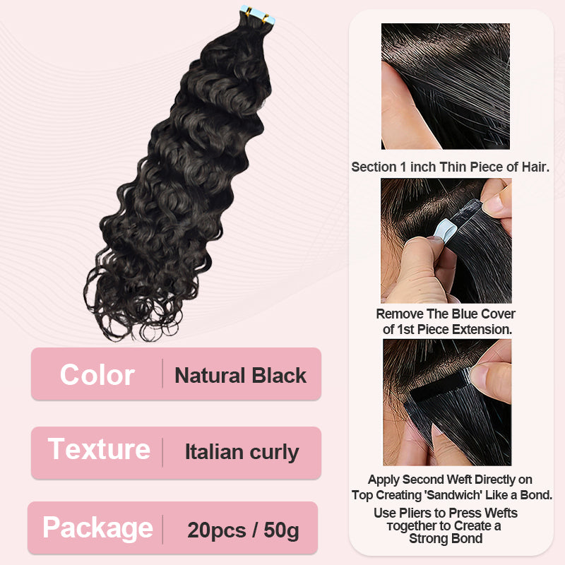 CVOHAIR Italian Curly Tape in Hair Extensions Natural Wave Virgin Human Hair Tape ins Human Hair Extensions 50g 20 Pieces