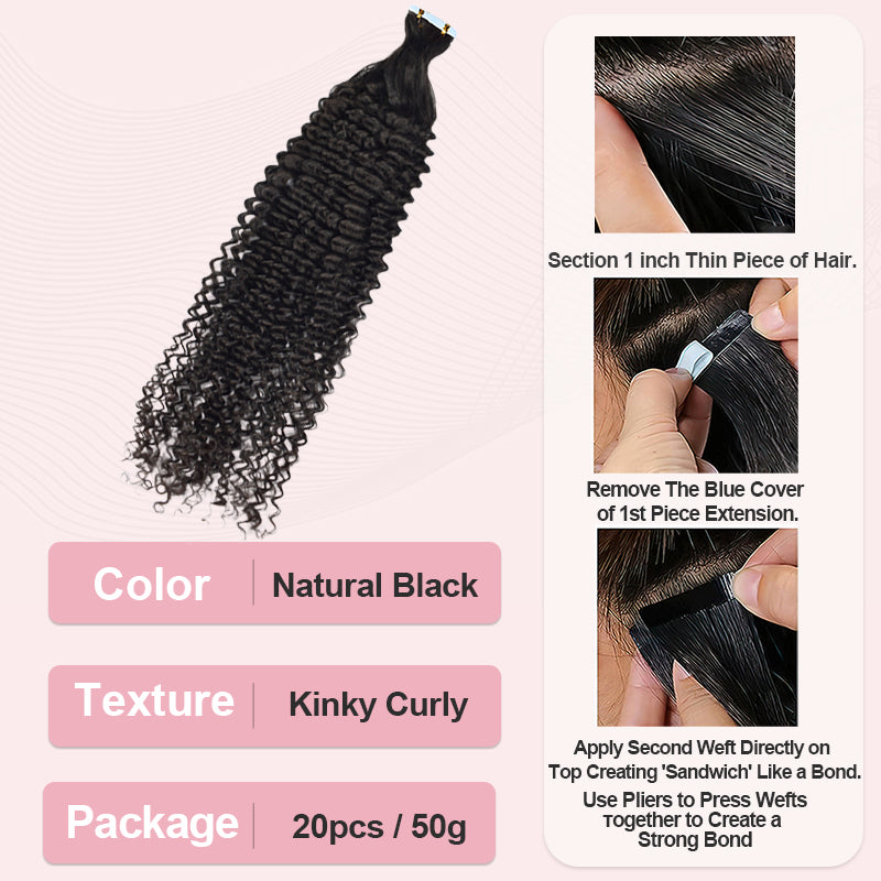 CVOHAIR Kinky Curly Tape in Hair Extensions Human Hair Natural Black Invisible Seamless Glue in Virgin Hair Extensions Tape ins