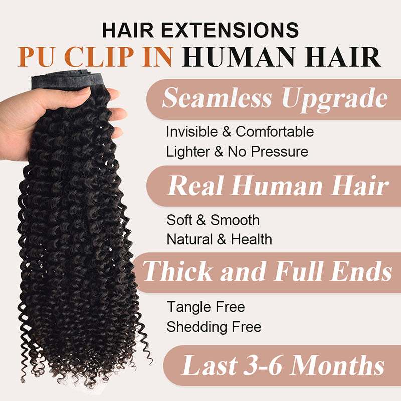 CVOHAIR Kinky Straight PU Seamless Clip in Hair Extensions Real Human Hair for Black Women Full Head Unprocessed Virgin Hair Natural Black Color