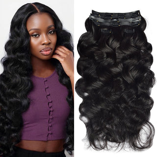 CVOHAIR 6-teiliges gewelltes Clip-in-Haarverlängerungsset, Echthaar, PU, ​​nahtlos, Clip-ins, Naturschwarz, 110 g 