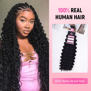 #1B Double Drawn 18" Deep Wave Boho Braids Human Hair CVOHAIR