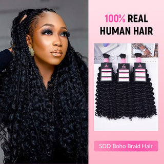 #1B Double Drawn 18" Deep Curly Boho Braids Human Hair CVOHAIR