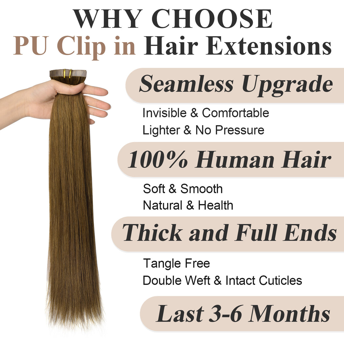 CVOHAIR Straight PU Clip in Hair Extensions 