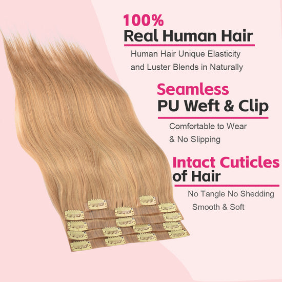 #18 Straight Clip in Hair Extensions Real Human Hair PU Seamless Clip ins 6Pcs 110G CVOHAIR