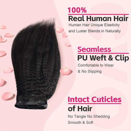 #1B 6Pcs Kinky Straight Clip in Hair Extensions Real Human Hair PU Seamless Clip ins Natural Black 110G CVOHAIR