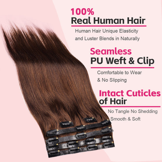 #8 Straight Clip in Hair Extensions Real Human Hair PU Seamless Clip ins 6Pcs 110G CVOHAIR