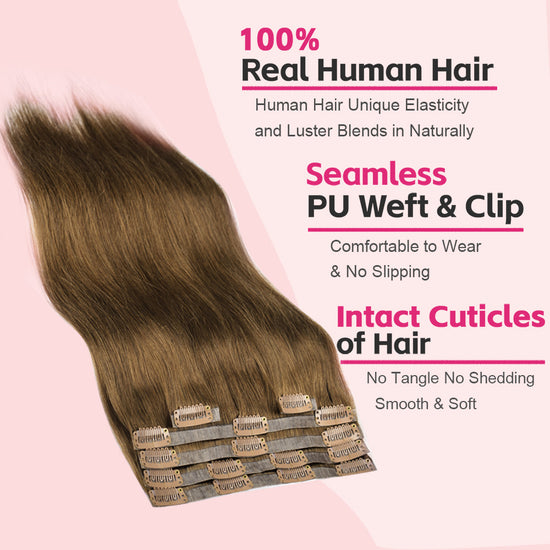#7 Straight Clip in Hair Extensions Real Human Hair PU Seamless Clip ins 6Pcs 110G CVOHAIR