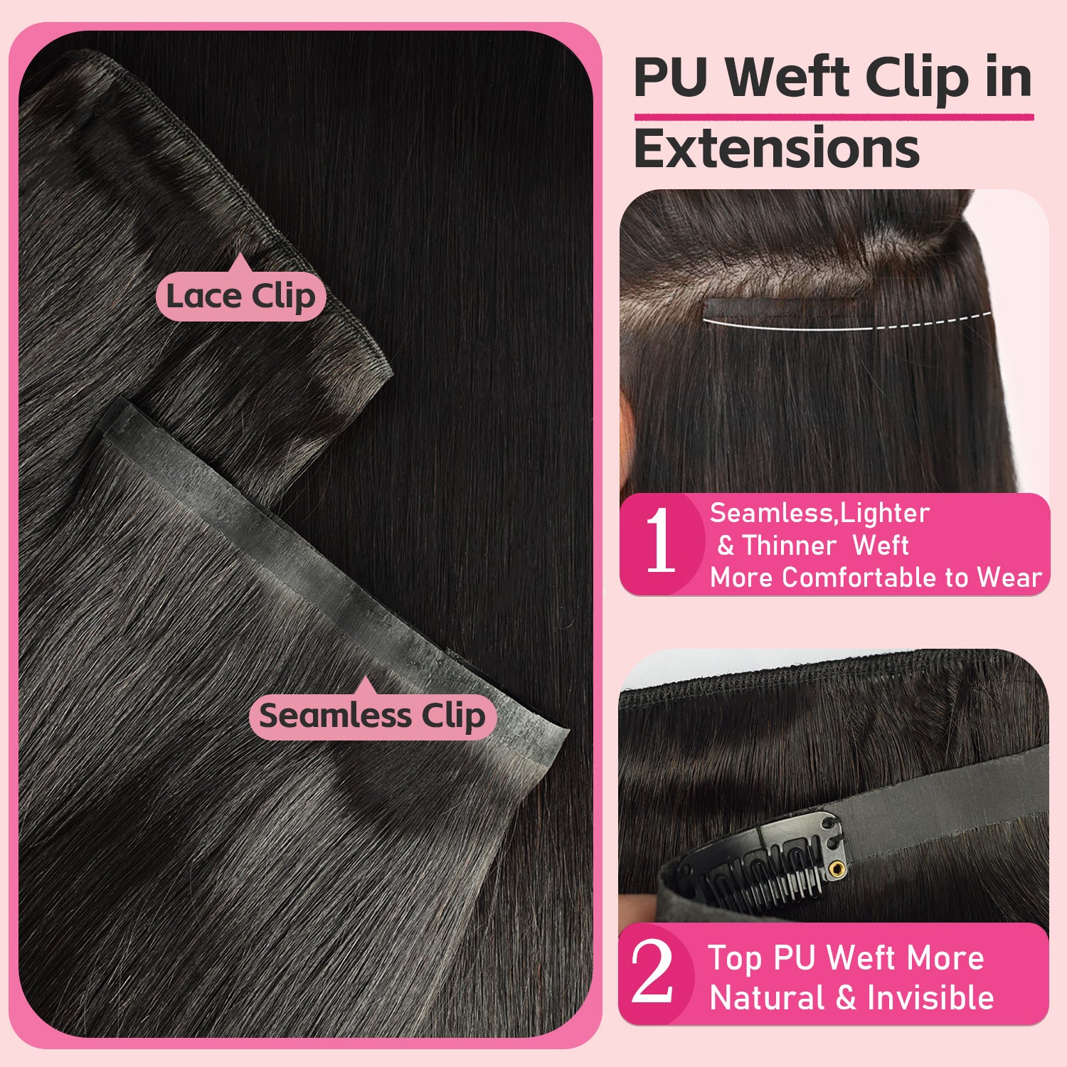 CVOHAIR 6Pcs Body Wave Clip in Hair Extensions Real Human Hair PU Seamless Clip ins Natural Black 110G