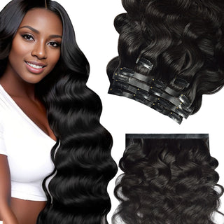 CVOHAIR 6-teiliges gewelltes Clip-in-Haarverlängerungsset, Echthaar, PU, ​​nahtlos, Clip-ins, Naturschwarz, 110 g 
