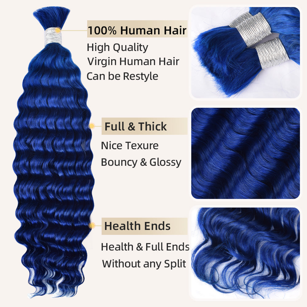 CVOHAIR Blue Deep Wave Bulk Human Hair for Braiding No Weft Human Hair Extensions 100g/Each Bundle