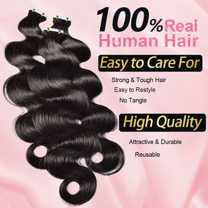 CVOHAIR Body Wave Tape in Hair Extensions Human Hair 20pcs 50g/pack Seamless Skin Weft Hair