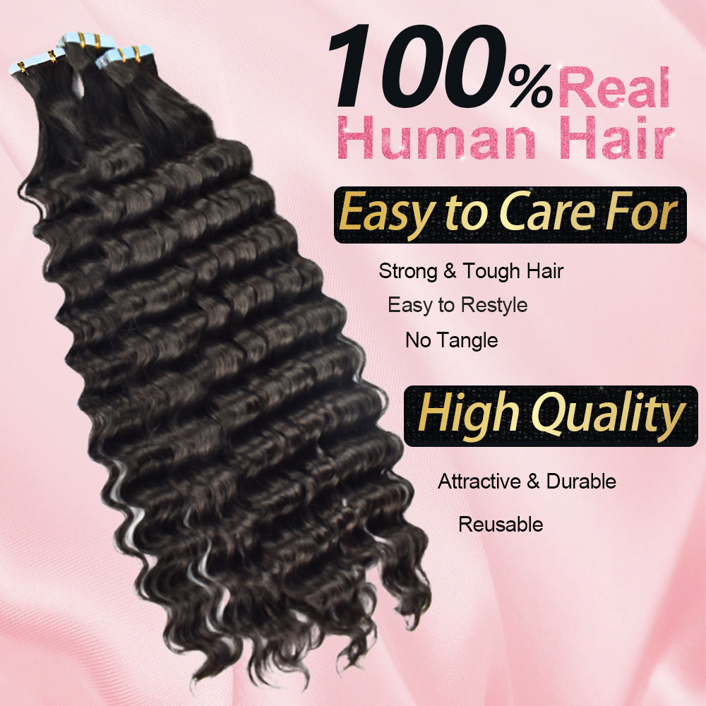 CVOHAIR Deep Wave Tape in Hair Extensions Human Hair Natural Black Seamless Invisible Curly Tape on Extensions