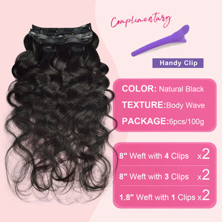 CVOHAIR 6-teiliges gewelltes Clip-in-Haarverlängerungsset, Echthaar, PU, ​​nahtlos, Clip-ins, Naturschwarz, 110 g 