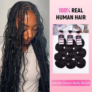 #1B Double Drawn 18inch Body Wave Boho Braids Human Hair CVOHAIR