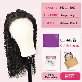 #1B Deep Curly HD Lace Front Wigs Human Hair 180% Density Transparent Lace Frontal Wigs Pre Plucked With Baby Hair CVOHAIR