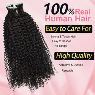 #1B Kinky Curly Tape in Hair Extensions Free Shipping Human Hair 20pcs 50g/pack Seamless Skin Weft Hair CVOHAIR