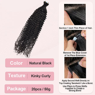 #1B Kinky Curly Tape in Hair Extensions Free Shipping Human Hair 20pcs 50g/pack Seamless Skin Weft Hair CVOHAIR