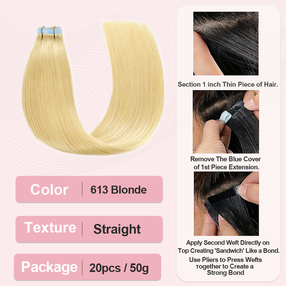 CVOHAIR 613 Blonde Straight Tape in Hair Extensions Human Hair 20pcs 50g/pack Seamless Skin Weft Hair
