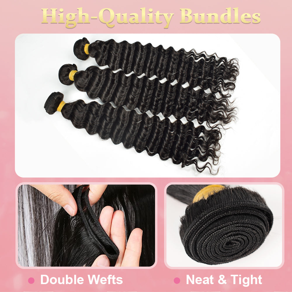 CVOHAIR Deep Wave Human Hair Bundles Brazilian Virgin Hair Weave Bundles Double Wefts Weave 3 Bundles Natural Black