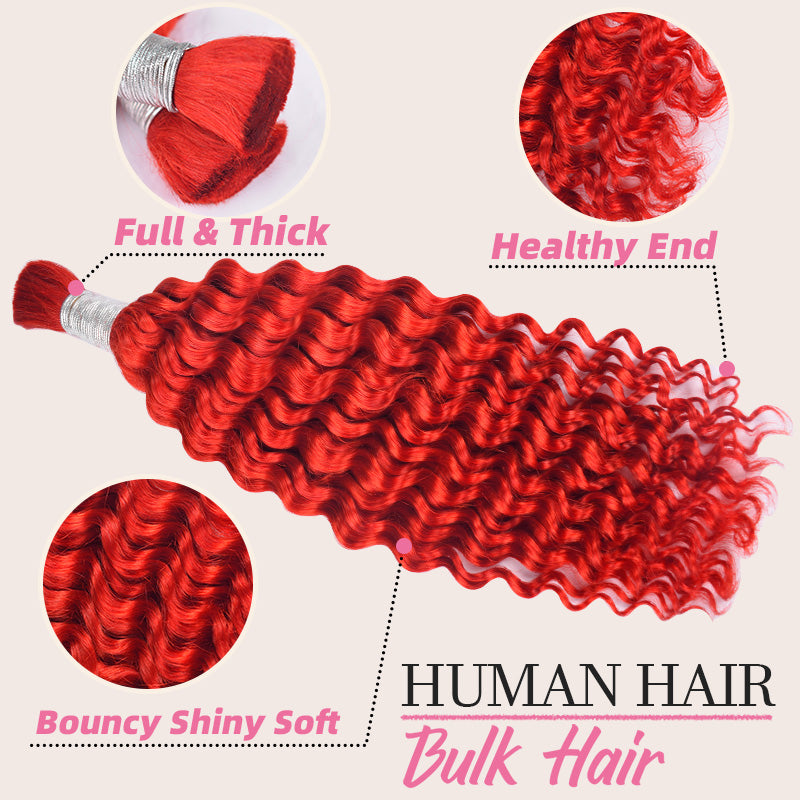 CVOHAIR Red Deep Wave Bulk Human Hair for Braiding No Weft Human Hair Extensions 100g/Each Bundle