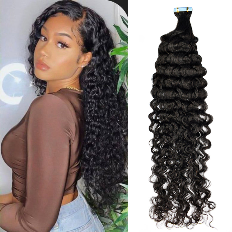 CVOHAIR Deep Curly Tape in Hair Extensions Human Hair Tape ins For Black Women Natural Black Real Hair Extensions