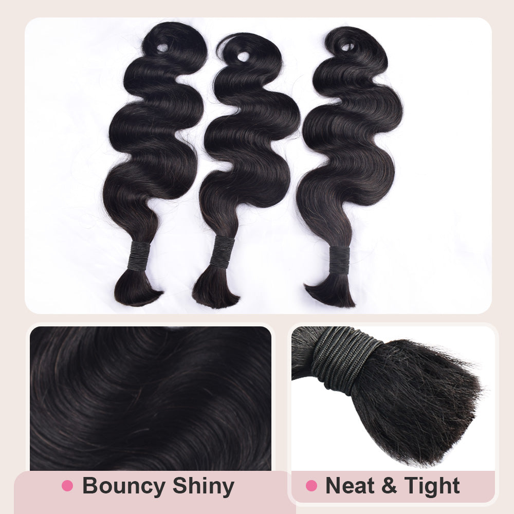 CVOHAIR 3 Pcs Body Wave Bulk Human Hair for Braiding No Weft Human Hair Extensions Natural Black 100g/Each Bundle