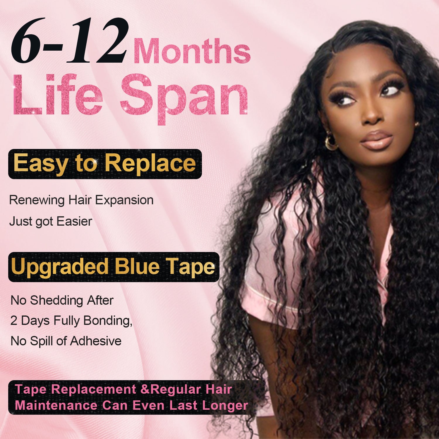 CVOHAIR Deep Wave Tape in Hair Extensions Human Hair Natural Black Seamless Invisible Curly Tape on Extensions