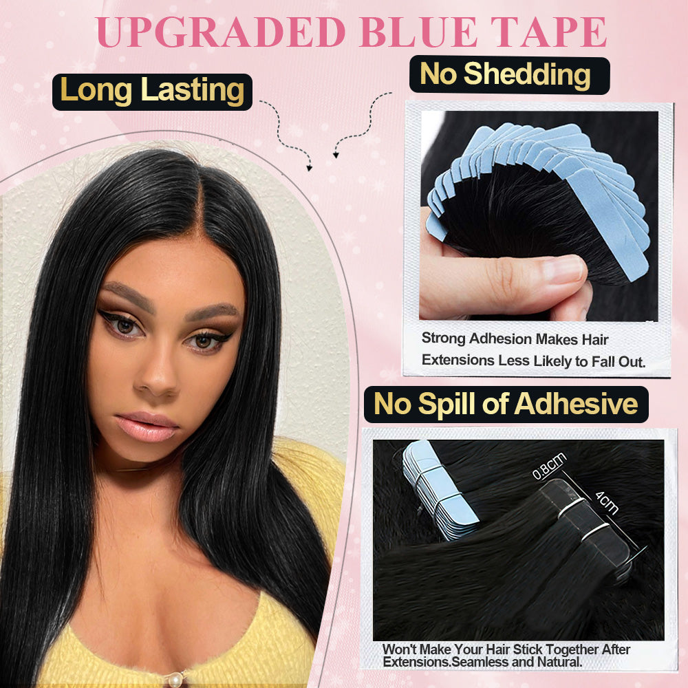 CVOHAIR Straight Tape in Hair Extensions Virgin Human Hair Natural Black Seamless Skin Weft Tape Hair Extensions