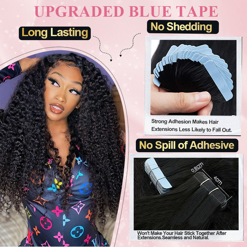 CVOHAIR Kinky Curly Tape in Hair Extensions Human Hair Natural Black Invisible Seamless Glue in Virgin Hair Extensions Tape ins