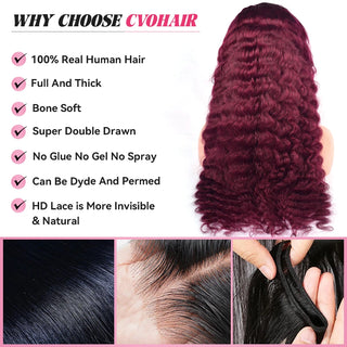 Free Shipping #99J 13*6 Pre-plucked Natural Hairline Breathable Airy Cap Deep Wave  100% Human Hair CVOHAIR