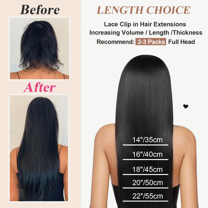 CVOHAIR 6Pcs Straight Clip in Hair Extensions Real Human Hair Invisible Lace Clip ins Natural Black 110G
