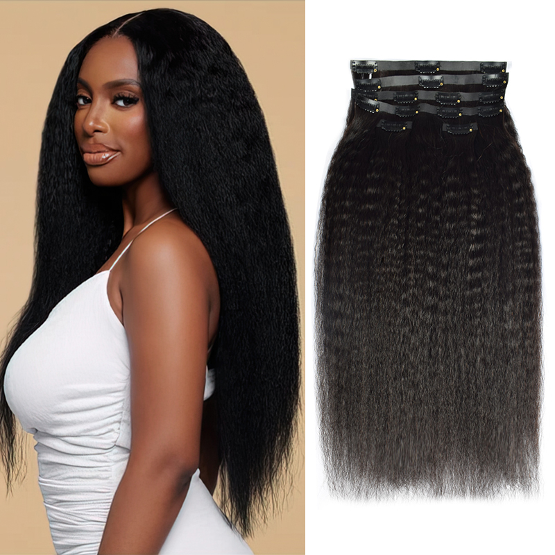 CVOHAIR Kinky Straight PU Seamless Clip in Hair Extensions Real Human Hair for Black Women Full Head Unprocessed Virgin Hair Natural Black Color