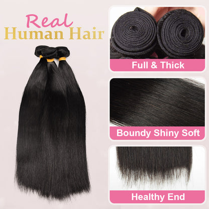 CVOHAIR Straight Hair 3 Bundles 100% Unprocessed Brazilian Virgin Human Hair Weave Bundles for Black Women