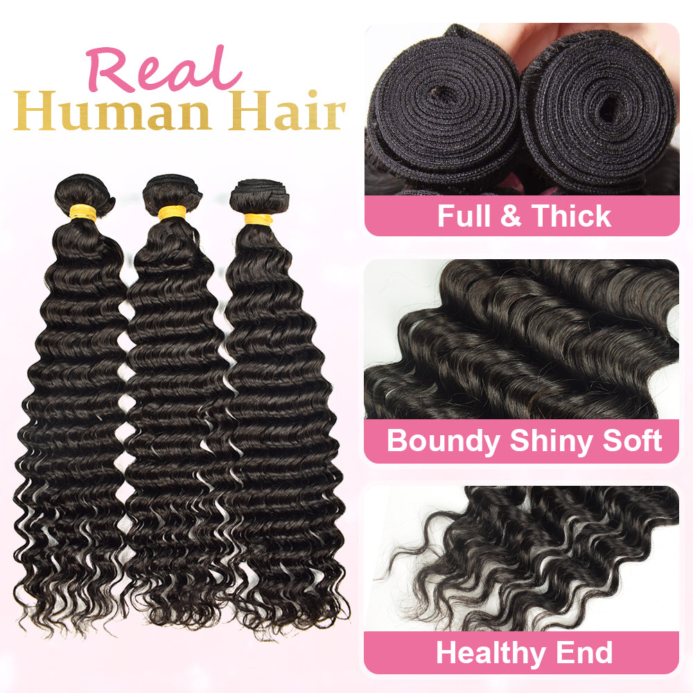 CVOHAIR Deep Wave Echthaar-Bündel, brasilianisches Echthaar, Weave-Bündel, Doppel-Tressen, Weave 3 Bündel, Naturschwarz