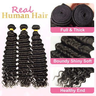 #1B Deep Wave 10A Human Hair Bundles Brazilian Virgin Hair Weave Bundles Double Wefts Weave 3 Bundles Natural Black CVOHAIR