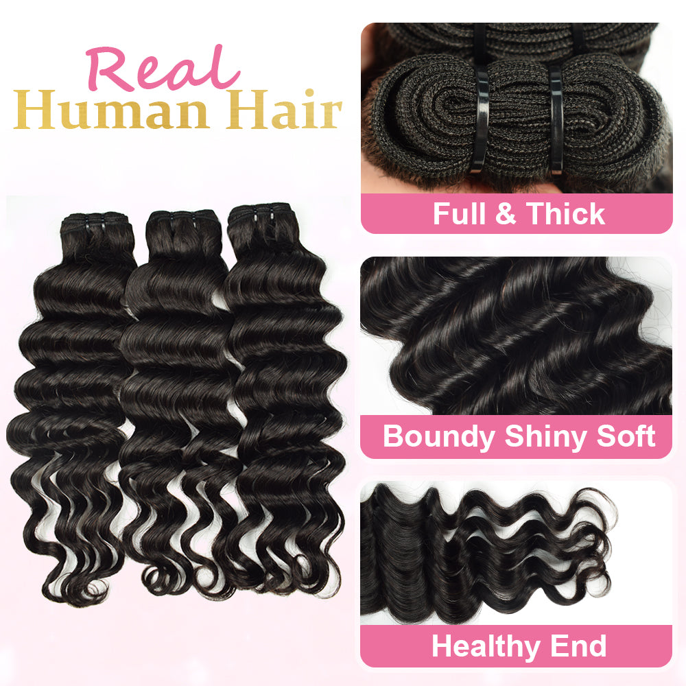 CVOHAIR Loose Deep Wave Bundles Human Hair 3 Bundles Brazilian Virgin Human Hair Weave Bundles Natural Black Color