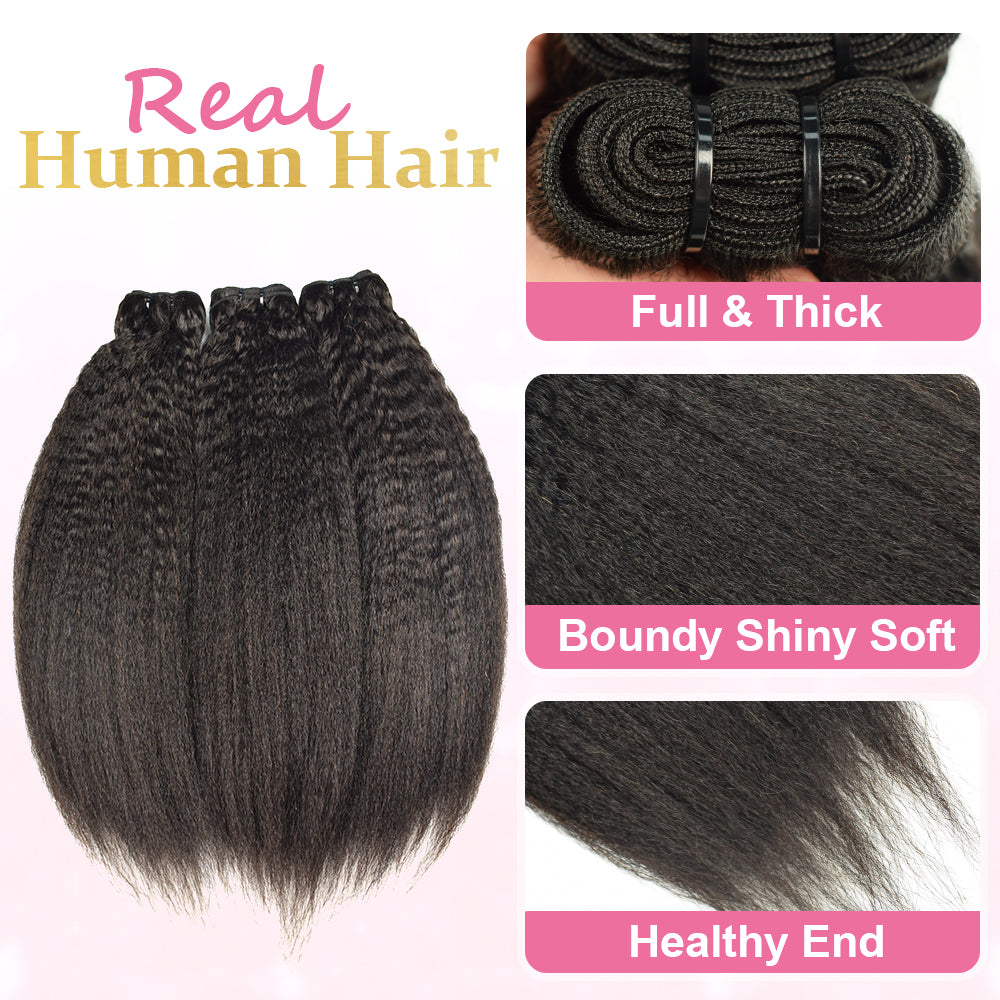 CVOHAIR Kinky Straight Human Hair 3 Bundles 100% Unprocessed Virgin Human Hair Weave Extensions Natural Color