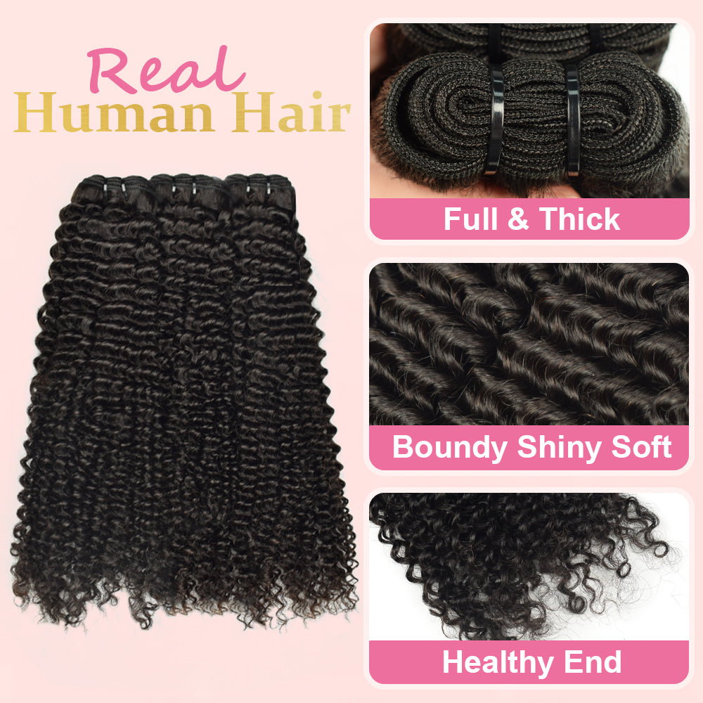 CVOHAIR Kinky Curly Human Hair Weave 3 Bundles 100% Unprocessed Hair Weft Extensions Natural Black Color