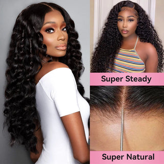 #1B Deep Wave Transparent Lace Frontal Wigs Human Hair 200% Density Pre Plucked With Baby Hair CVOHAIR
