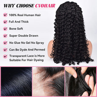 #1B Deep Wave Transparent Lace Frontal Wigs Human Hair 200% Density Pre Plucked With Baby Hair CVOHAIR