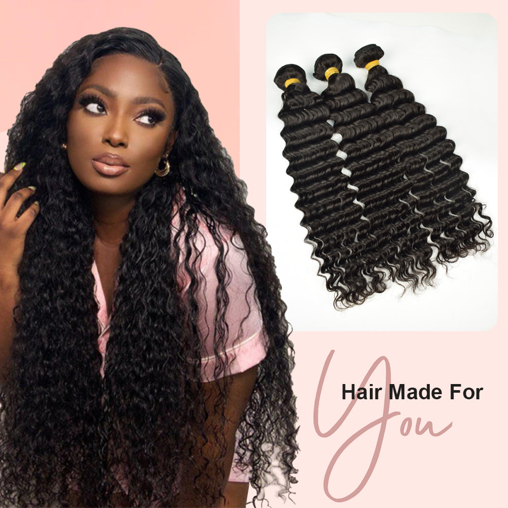 CVOHAIR Deep Wave Human Hair Bundles Brazilian Virgin Hair Weave Bundles Double Wefts Weave 3 Bundles Natural Black