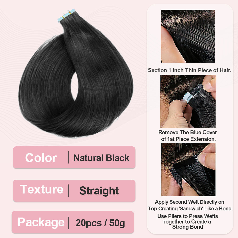 CVOHAIR Straight Tape in Hair Extensions Virgin Human Hair Natural Black Seamless Skin Weft Tape Hair Extensions