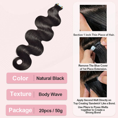 CVOHAIR Body Wave Tape in Hair Extensions Human Hair 20pcs 50g/pack Seamless Skin Weft Hair