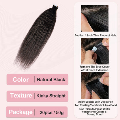 CVOHAIR Kinky Straight Tape in Hair Extensions Real Human Hair for Black Women Invisible Skin Weft Tape in Hair Extensions